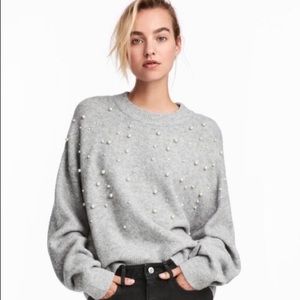 Gray Sweater with Pearl and Rhinestone Embellishments